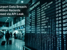 A digital glitch effect on a physical airport departure board symbolizing a data breach.
