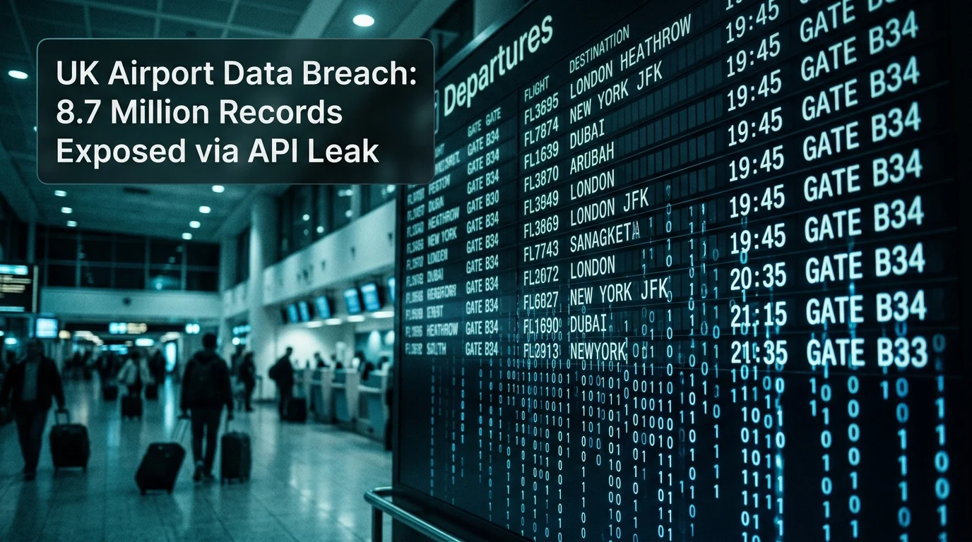 Manchester Airports Data Breach: 8.7M Users Exposed | Asumetech A digital glitch effect on a physical airport departure board symbolizing a data breach.