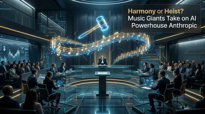 Conceptual 3D rendering of a legal gavel and digital music notes representing the Anthropic lawsuit.