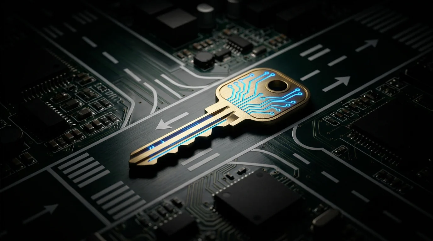 A glowing digital key resting on a circuit board shaped like an airport runway.