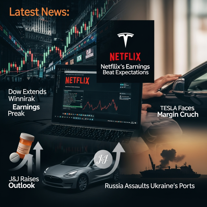 Latest News: Dow Extends Winning Streak, Netflix’s Earnings Beat Expectations, Tesla Faces Margin Crunch, J&J Raises Outlook, and Russia Assaults Ukraine’s Ports Latest News: Dow Extends Winning Streak, Netflix’s Earnings Beat Expectations, Tesla Faces Margin Crunch, J&J Raises Outlook, and Russia Assaults Ukraine’s Ports