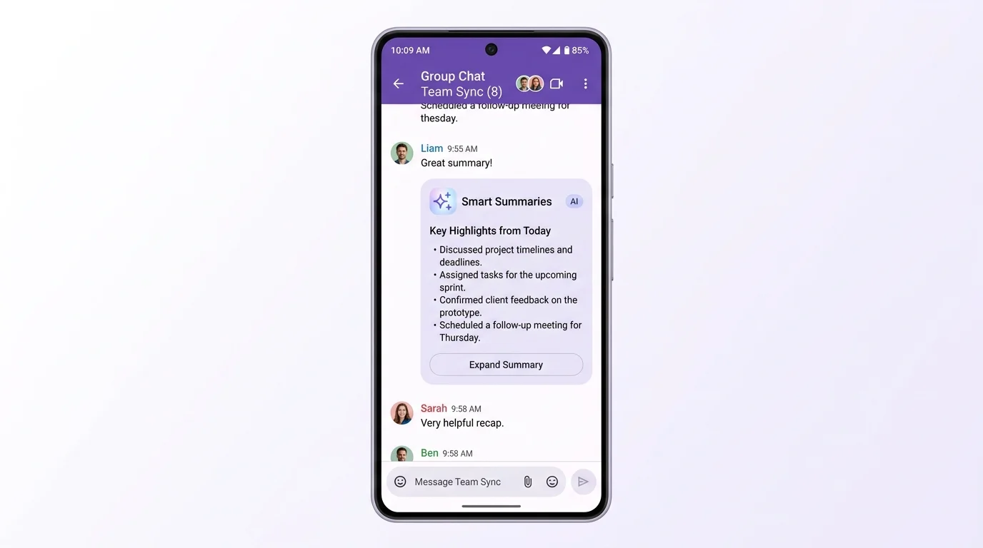 Interface mockup of AI-generated Smart Summaries in a Google Messages group chat.