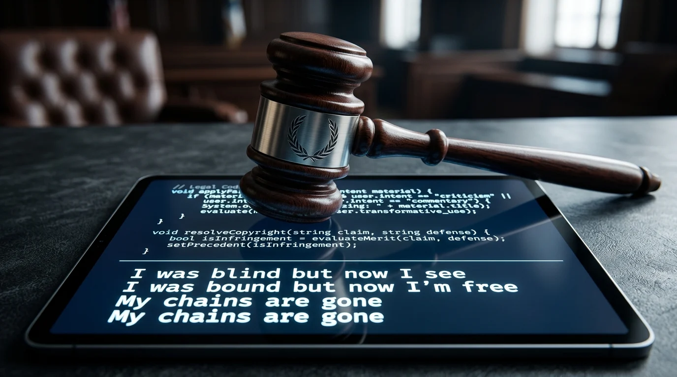 A gavel resting on a digital screen displaying song lyrics and computer code.