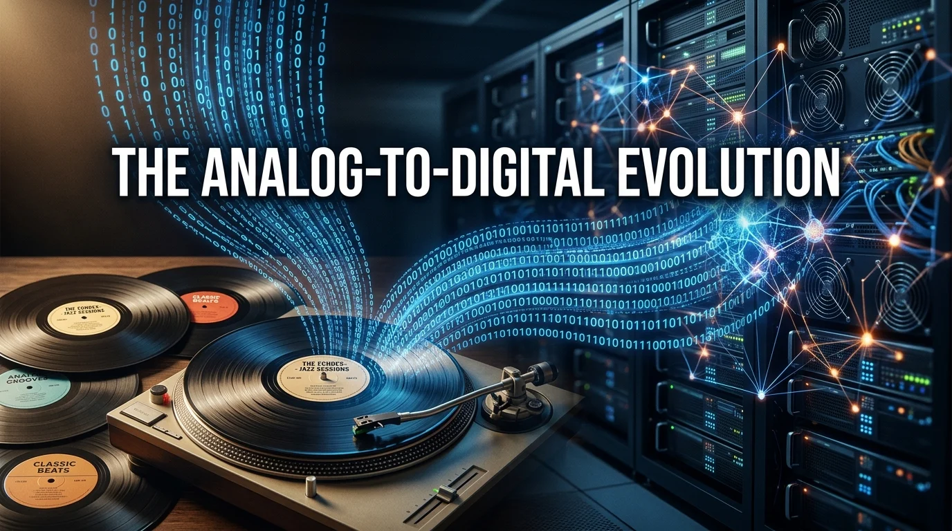 Vinyl records dissolving into digital data streams in a server environment.