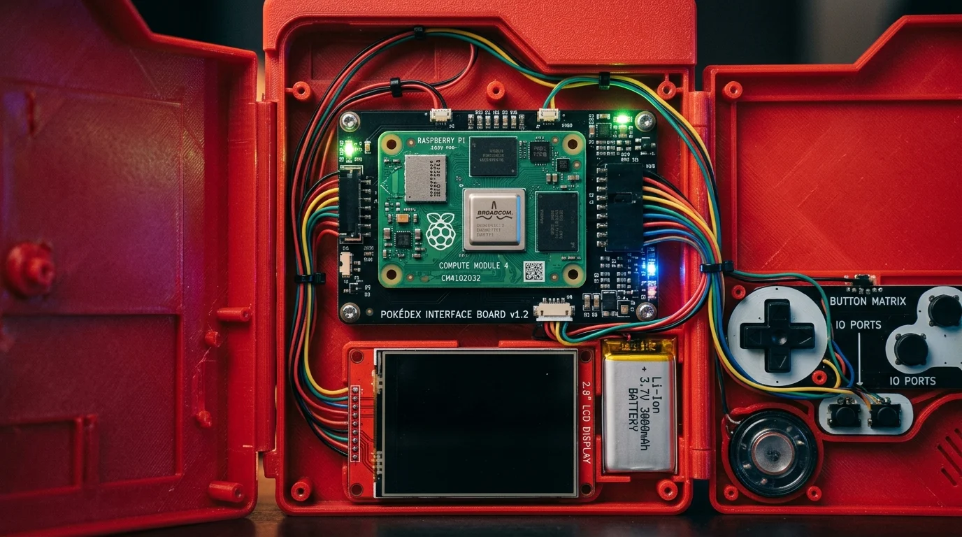 Internal hardware of the real-life Pokedex showing Raspberry Pi components and microcontrollers.