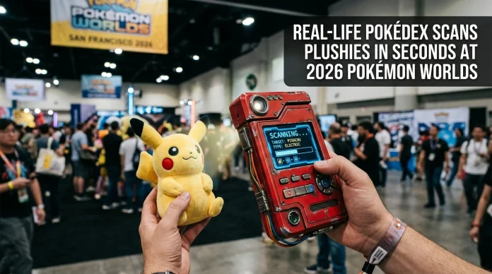A custom-built real-life Pokedex scanning a plush toy at Pokemon Worlds 2026.