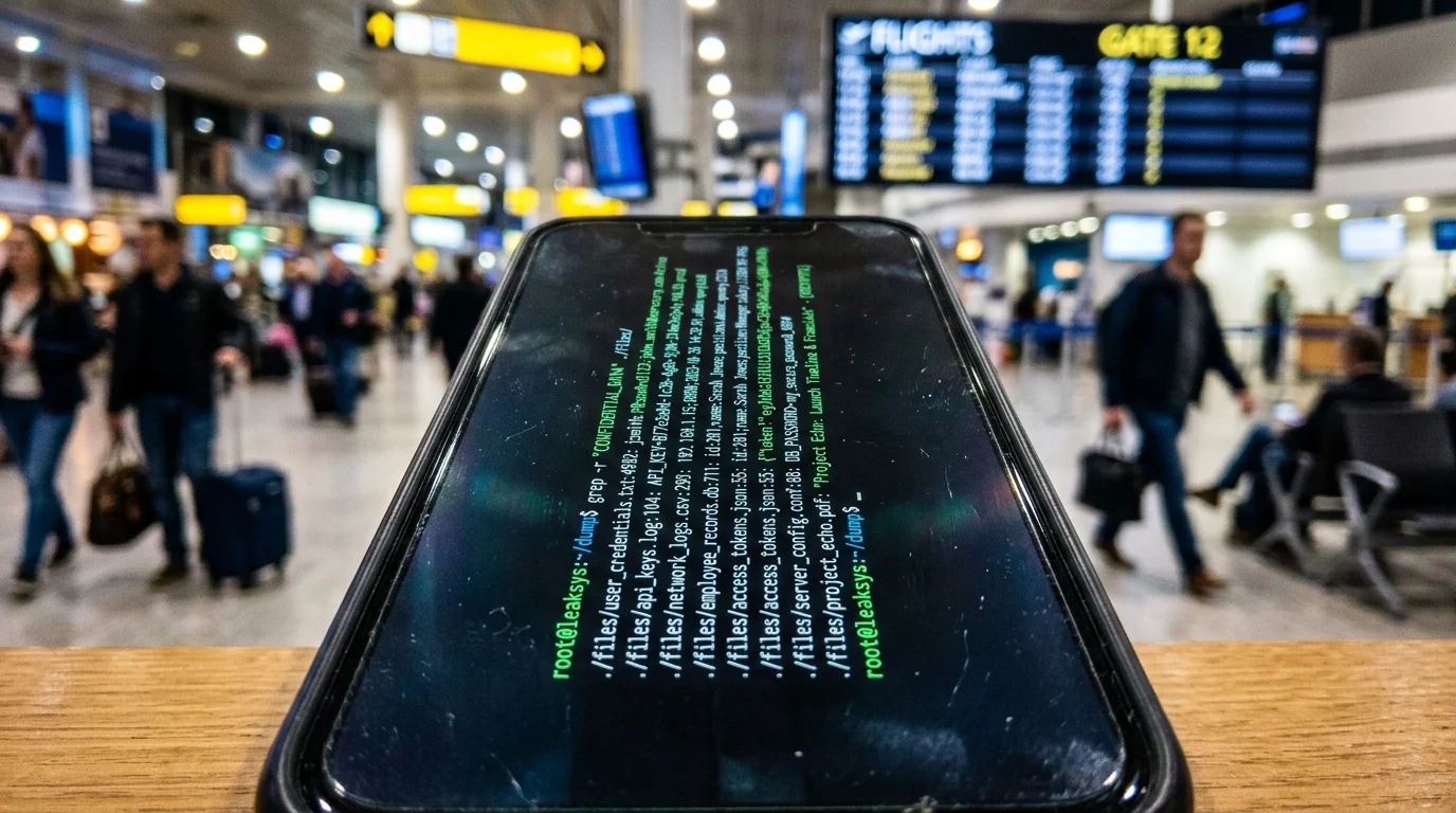 Leaked data code reflected on a smartphone screen in a crowded airport lounge.