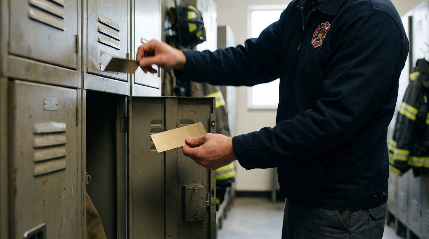A close-up of a firehouse locker nameplate change.