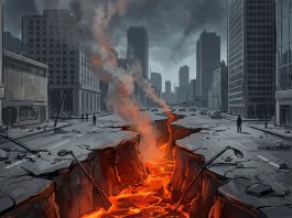 A conceptual depiction of a volcanic fissure opening in the middle of a metropolitan city street with orange lava and smoke.