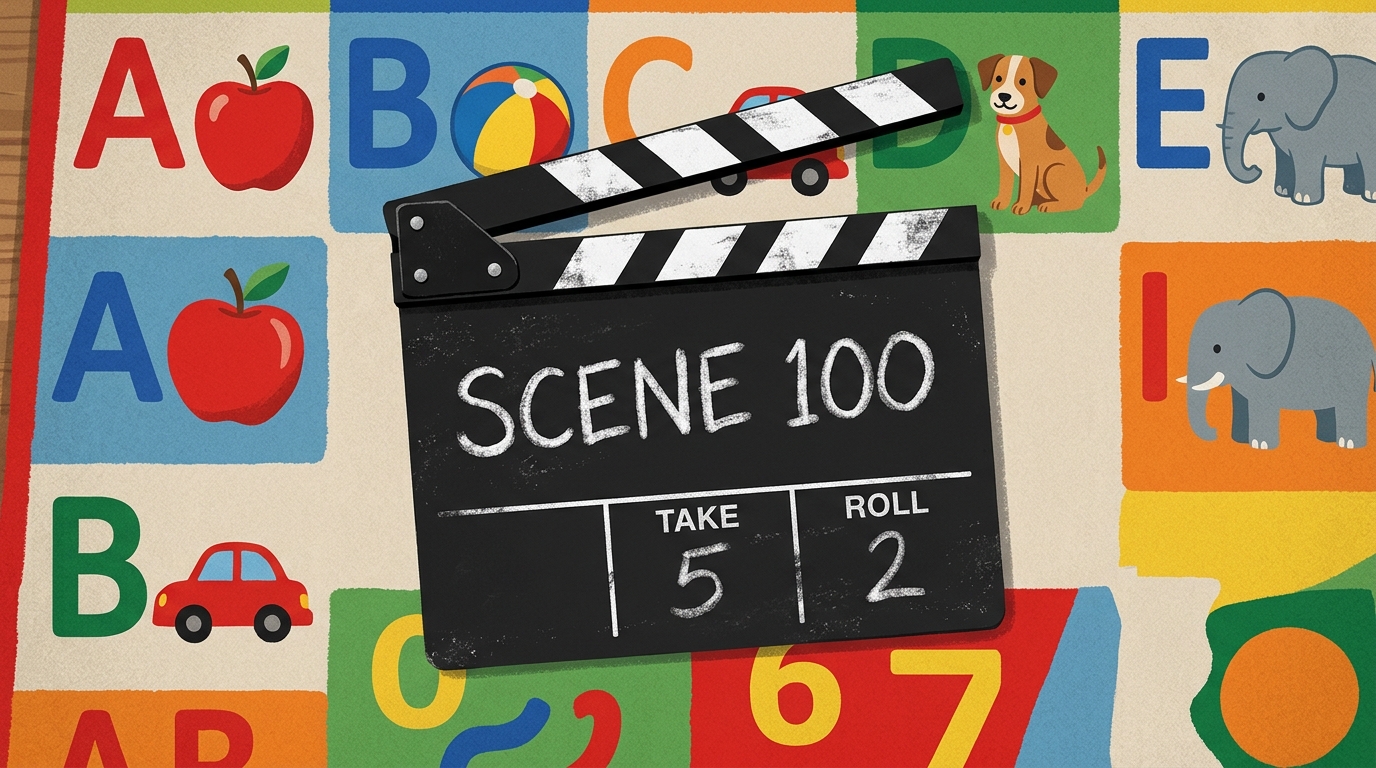 A film clapboard marking episode 100 on a school rug.