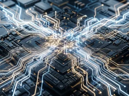 A conceptual digital illustration of a computer processor glowing with blue and white energy pulses.