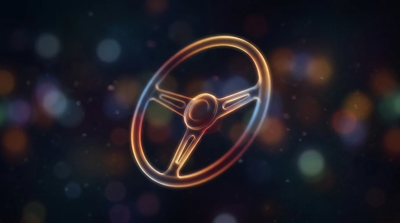 Abstract conceptual art of a glowing vintage steering wheel.