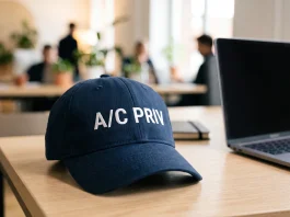 A blue baseball cap with 'A/C PRIV' embroidered on it, sitting on a desk.