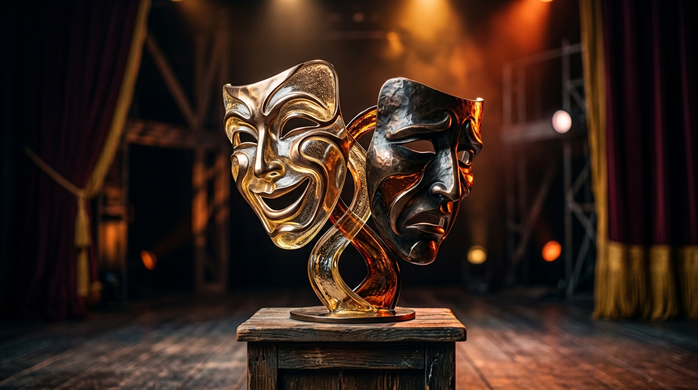 Conceptual metallic comedy and drama masks.