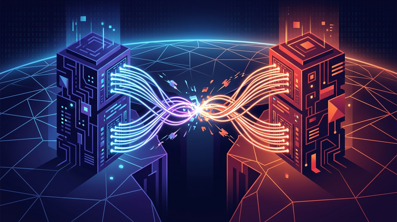 Conceptual illustration of server racks engaged in a digital tug-of-war.