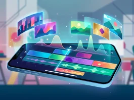 A conceptual illustration of mobile video editing software on a smartphone screen.