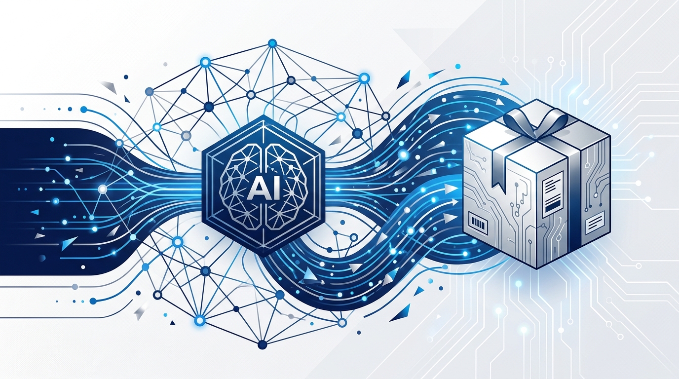 Conceptual illustration of AI-driven logistics and e-commerce transactions.