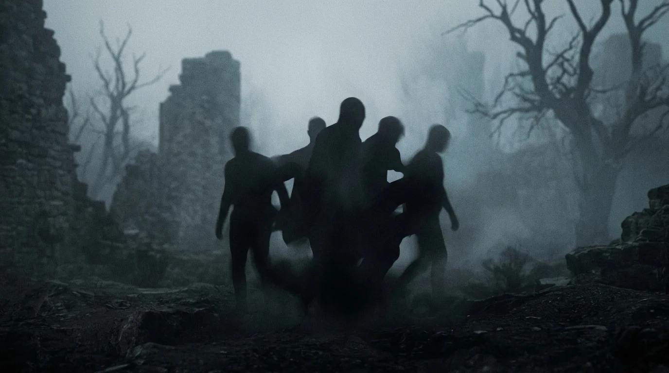 Multiple silhouettes merging into one in a foggy setting.