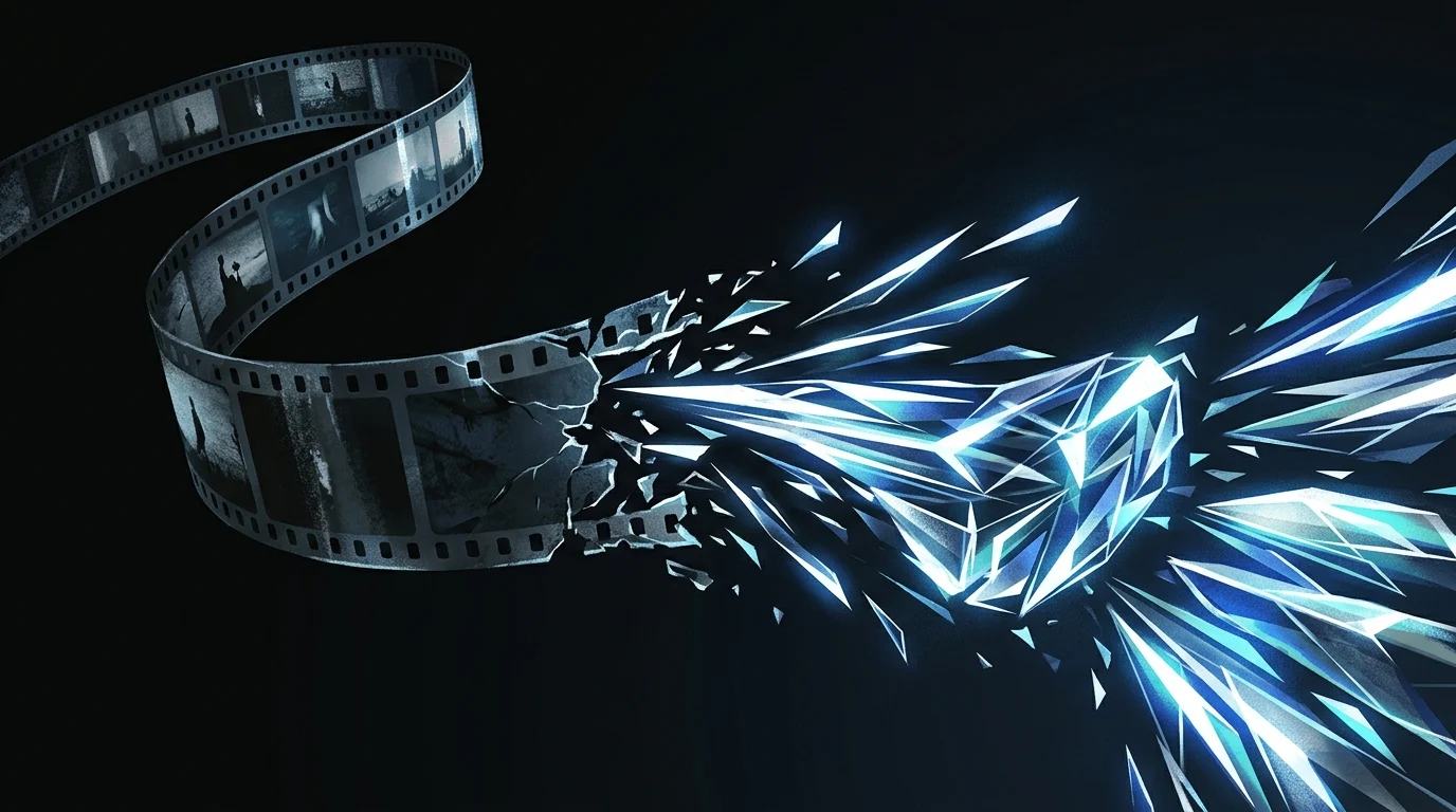 Abstract film strip breaking into shards.