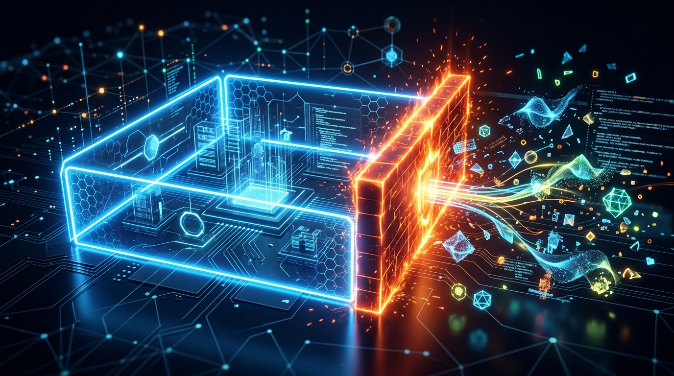 Conceptual visualization of AI agents interacting with a digital security boundary.
