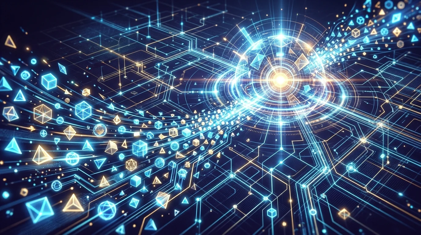 A swarm of geometric shapes moving through a digital grid.