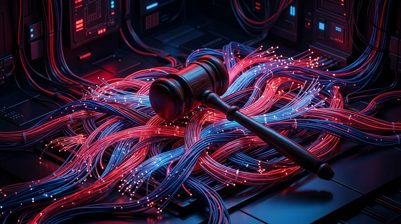 A courtroom gavel on top of fiber-optic cables representing AI litigation.