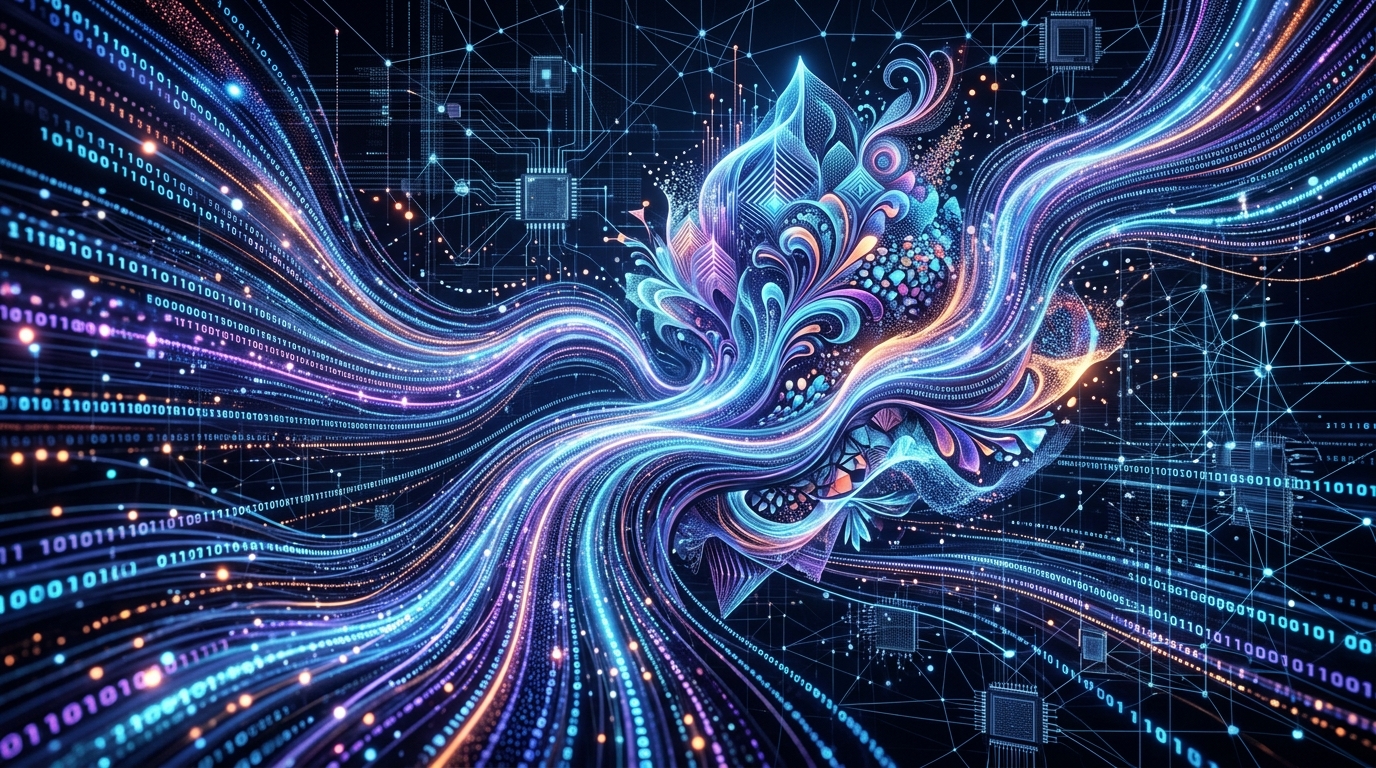 Abstract visualization of AI data processing and media generation.
