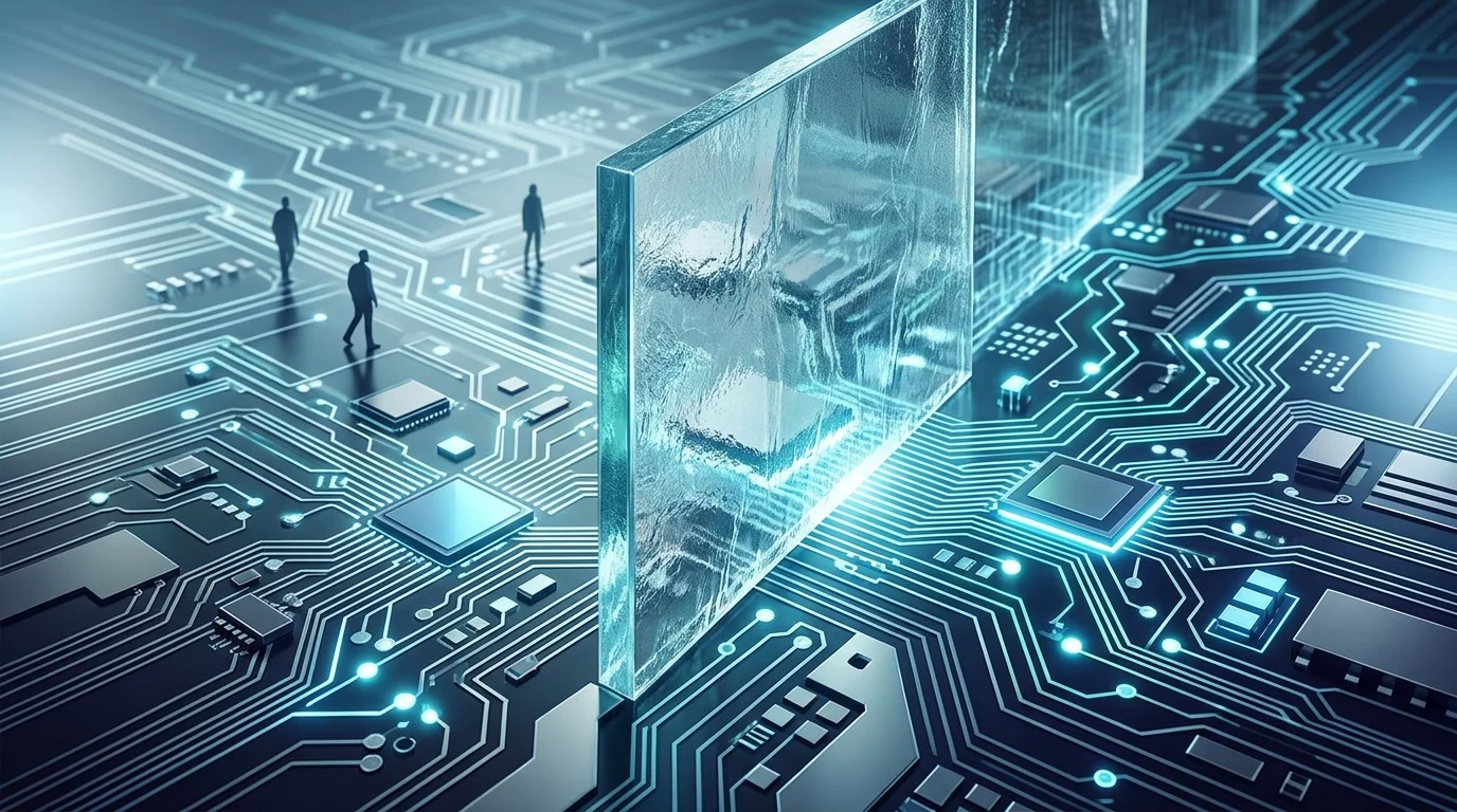 Digital circuit board with a glass barrier representing an AI development wall.