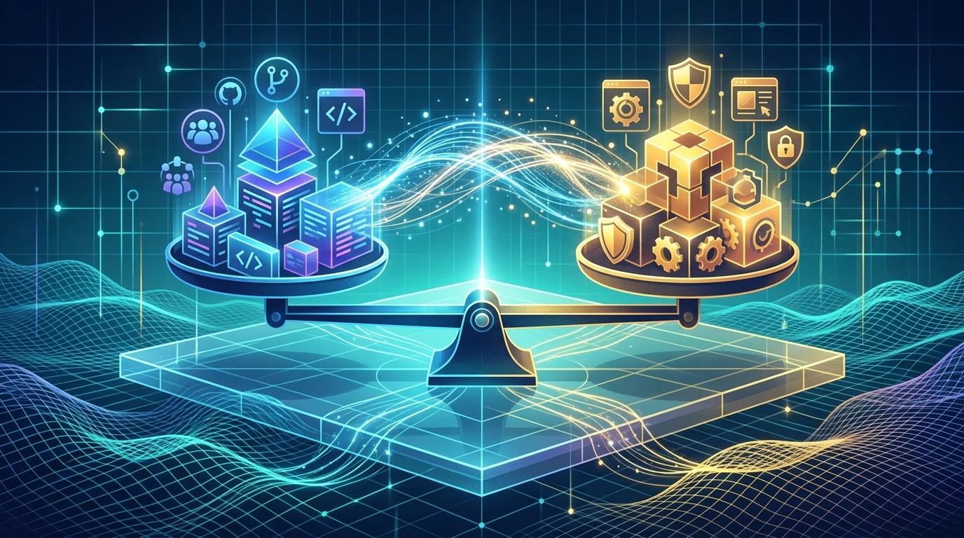 Abstract visualization of market balance between open-weight and proprietary AI.
