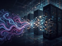 A conceptual digital illustration of fluid dynamics patterns merging with AI server nodes.