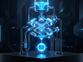 Conceptual digital representation of model distillation showing data being refined.