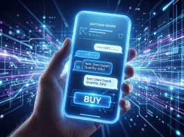 A conceptual 3D rendering of a mobile shopping checkout process within an AI chat interface.