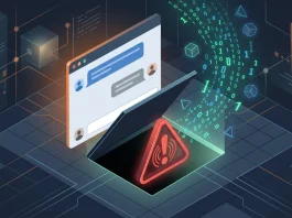 Conceptual illustration of a digital trapdoor beneath a chat interface representing malware delivery.