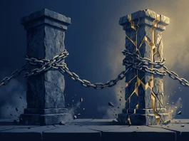 Abstract pillars representing safety and innovation being pulled apart by chains.