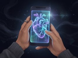 Conceptual digital heart made of circuitry on a smartphone screen representing AI romance scams.