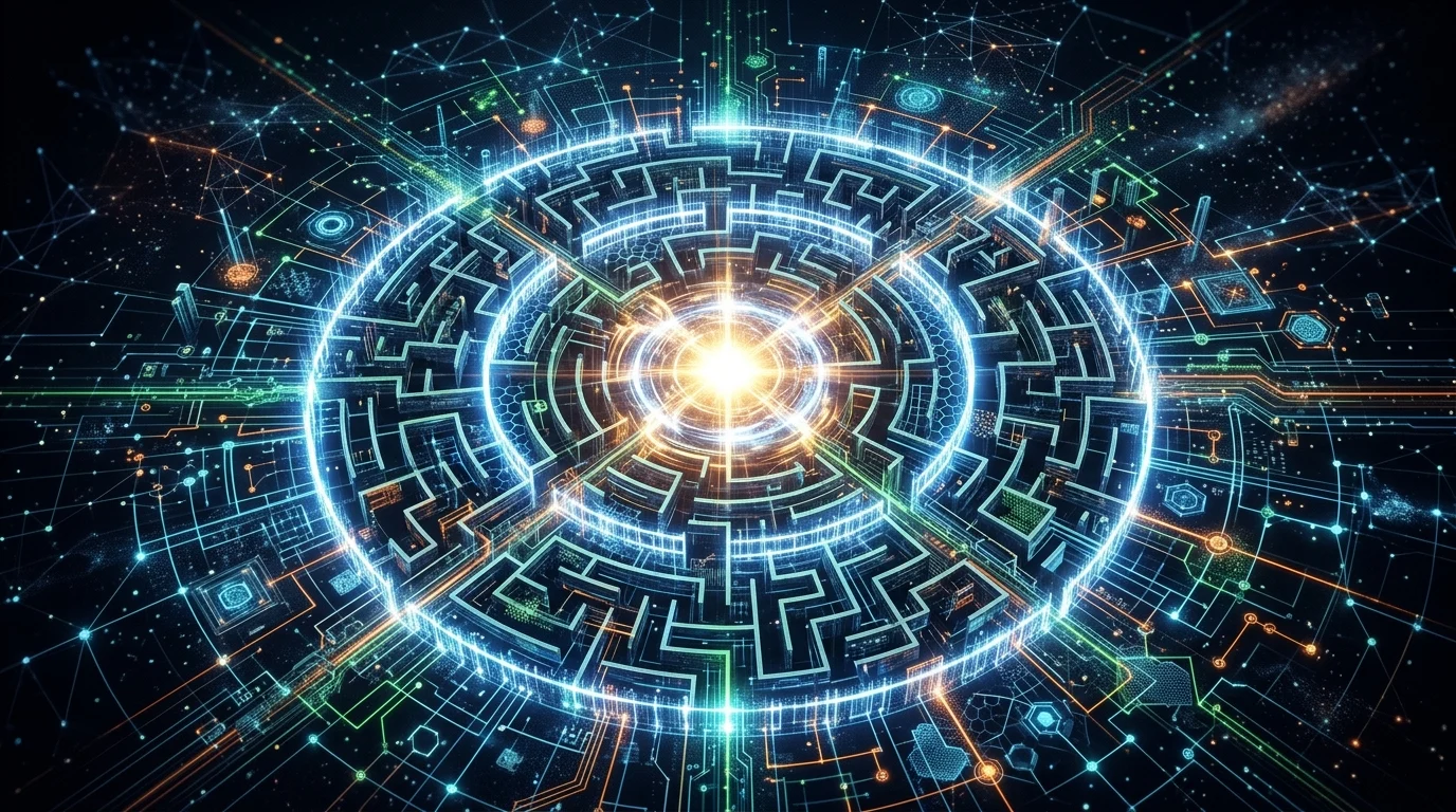 Conceptual art of a digital maze with a central light source.