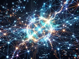 A conceptual digital network grid with abstract energy pulses