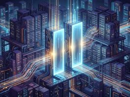 A conceptual digital illustration of a pause icon glowing within a server room environment.