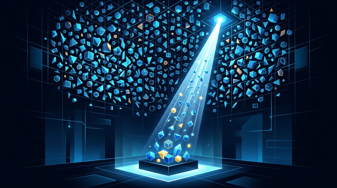 Abstract visualization of an AI selection tool narrowing down product choices.