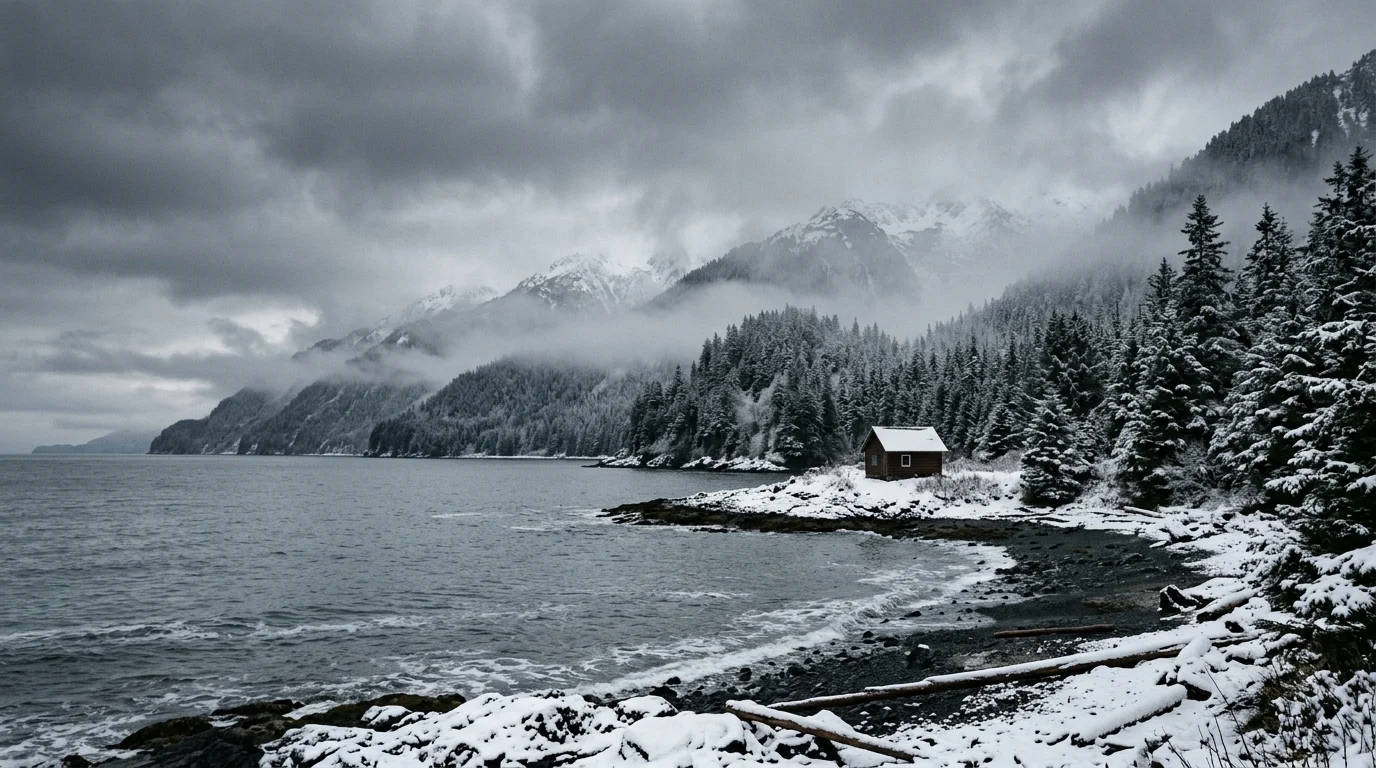 A solitary cabin on a misty Alaskan shoreline.