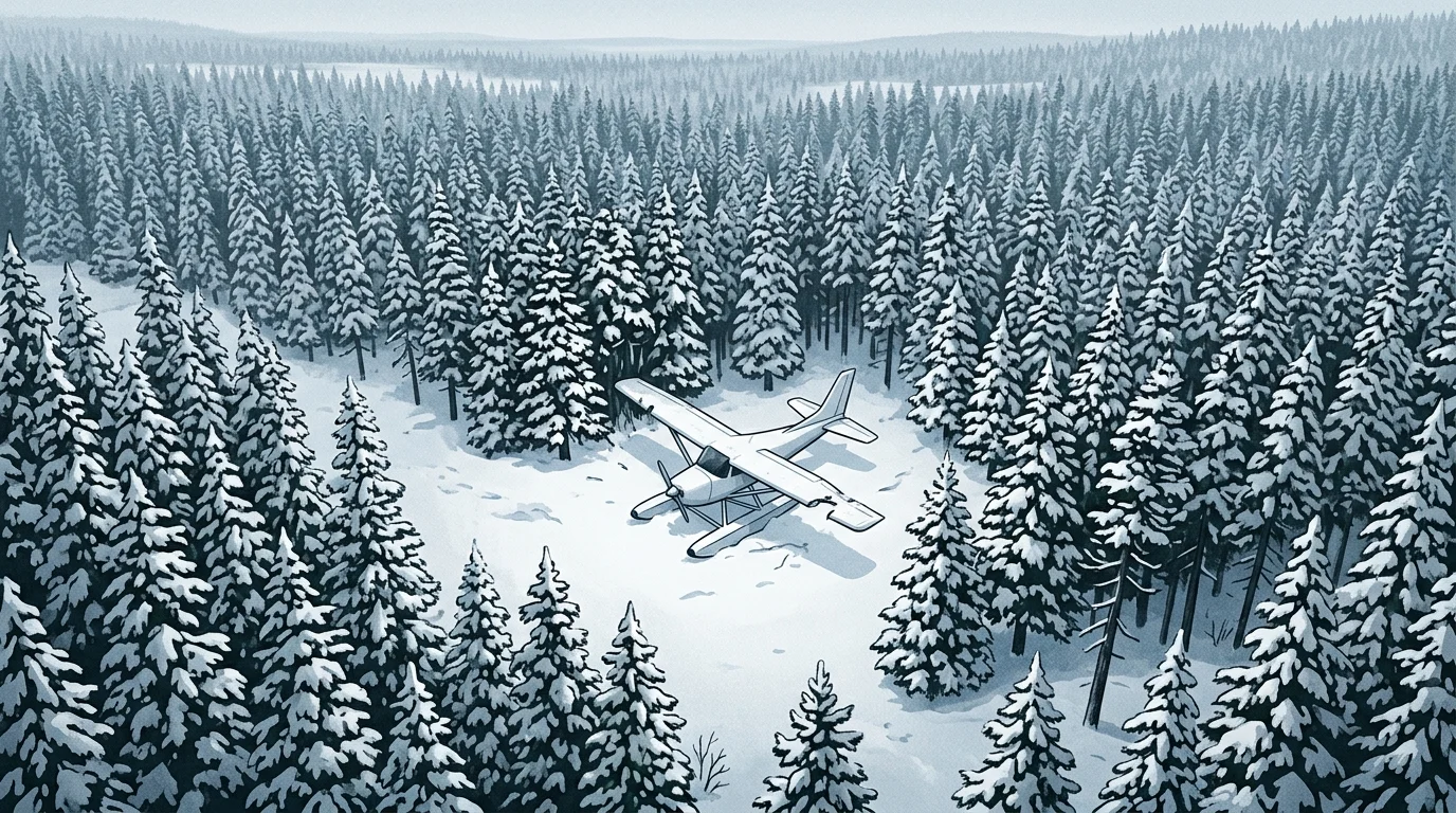 A crashed seaplane in a dense, snowy forest clearing.