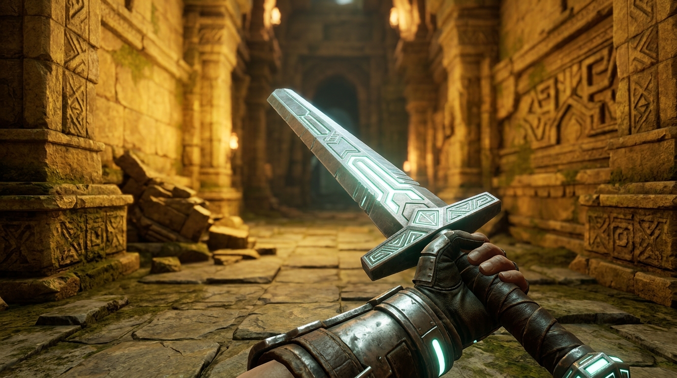 How to Get the Kallax Storageborn Companion and Allenblade in Skyrim 1 A first-person view of a character wielding a hex-key shaped sword in a golden ruin.