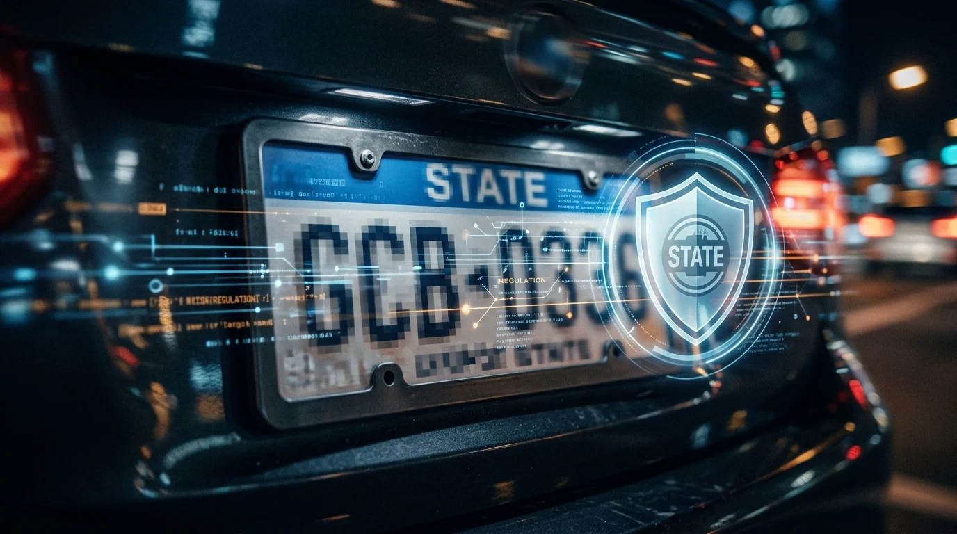 Florida Orders Local Agencies to Remove Flock Cameras From State Roads 1 Conceptual graphic of a license plate with digital privacy symbols.