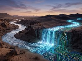 A digital artistic representation of a river flowing through an arid canyon, blending nature with technology.
