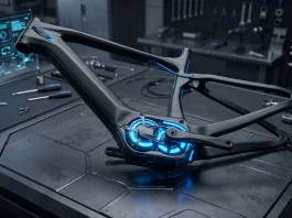 Conceptual close-up of a carbon fiber e-bike frame with an integrated motor system.