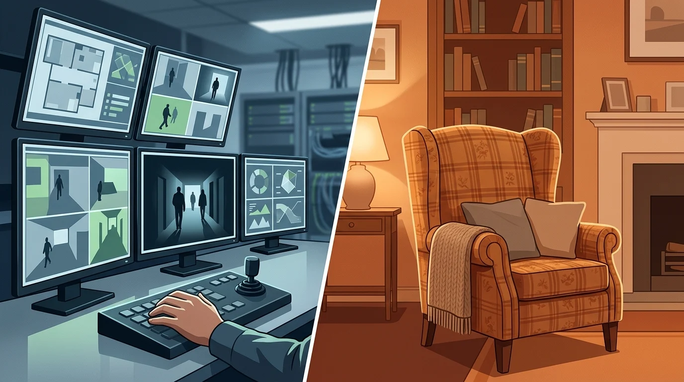 Conceptual art showing the contrast between a modern security professional's world and a retired investigator's life.
