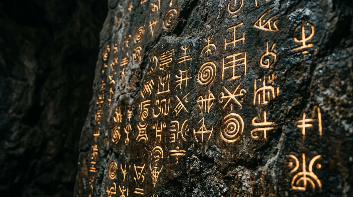 Mysterious ancient symbols glowing on a stone wall
