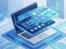 Conceptual 3D illustration of a laptop screen blending mobile app icons with a desktop interface.