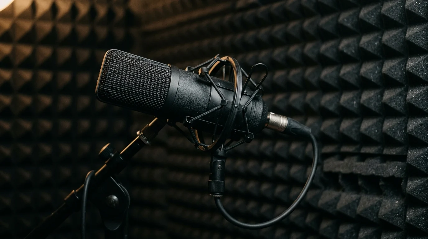 A professional recording microphone in a voice-over studio.