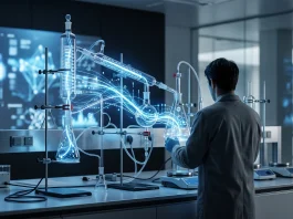 A conceptual representation of digital data and biological laboratory equipment.